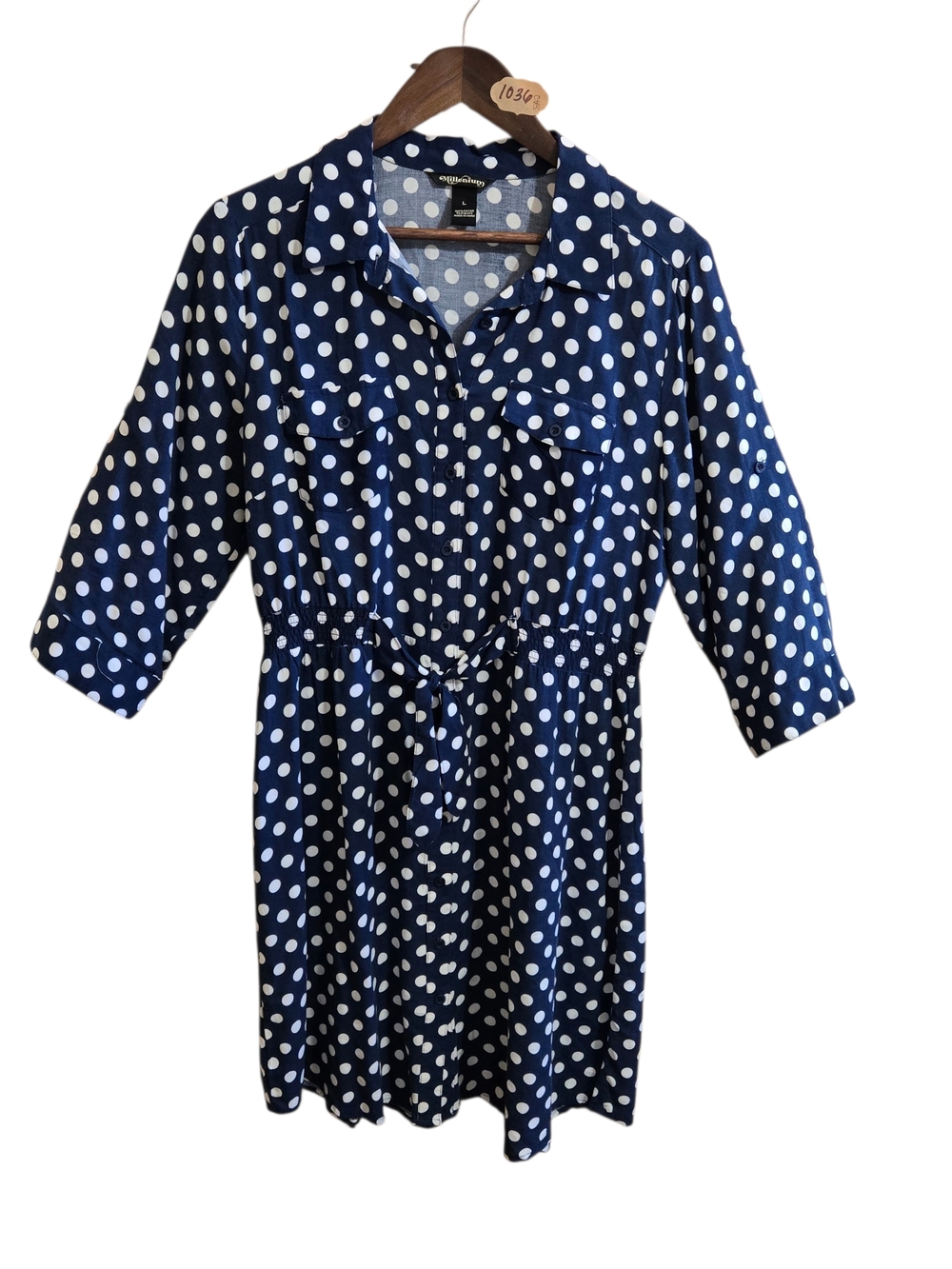 Polka Dot Button-Front Midi Dress in Navy and White